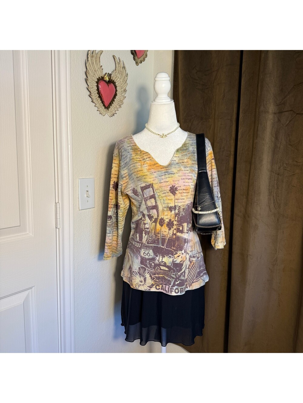 Y2K Glima California Baby Tee Rare Hollywood Route 66 Collage Printed V-Neck